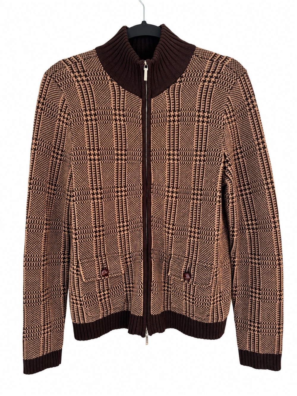 Lauren Ralph Lauren Women’s Brown Plaid Full Zip Cotton Knit Cardigan Sweater M